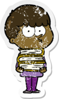 distressed sticker of a cartoon curious boy with lots of books png