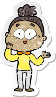 distressed sticker of a cartoon happy old woman png