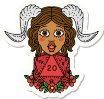 sticker of a tiefling with D20 natural twenty dice roll png