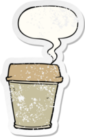 cartoon take out coffee with speech bubble distressed distressed old sticker png