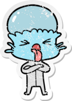 distressed sticker of a disgusted cartoon alien png