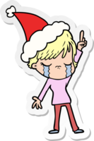 main tiré autocollant dessin animé de une femme pleurs portant Père Noël chapeau png