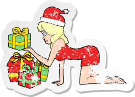 retro distressed sticker of a cartoon woman opening presents png