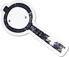 distressed sticker of a quirky hand drawn cartoon magnifying glass png