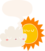 cartoon sun and cloud with speech bubble in retro style png