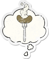 cartoon sausage on fork with thought bubble as a distressed worn sticker png