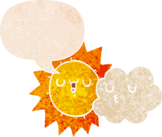 cartoon sun and cloud with speech bubble in grunge distressed retro textured style png