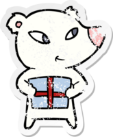 distressed sticker of a cute cartoon polar bear with xmas present png