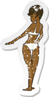 retro nödställd klistermärke av en tecknad kvinna i bikini png