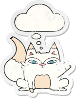 cartoon arctic fox with thought bubble as a distressed worn sticker png