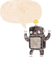 cartoon happy robot with speech bubble in grunge distressed retro textured style png