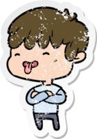 distressed sticker of a cartoon boy sticking out tongue png