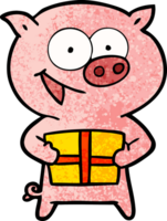 cheerful pig with christmas gift png