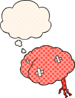 dibujos animados lesionado cerebro con pensamiento burbuja en cómic libro estilo png