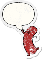 cartoon dancing sausage with speech bubble distressed distressed old sticker png