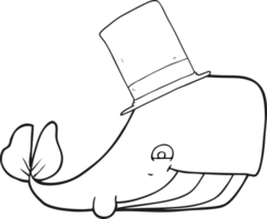 hand drawn black and white cartoon whale in top hat png