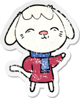 distressed sticker of a happy cartoon dog in winter clothes png