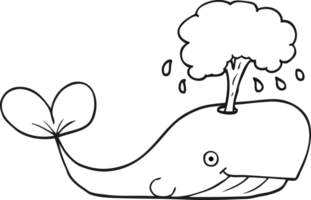 hand drawn black and white cartoon whale spouting water png