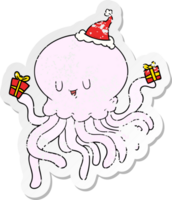 hand drawn distressed sticker cartoon of a jellyfish in love wearing santa hat png