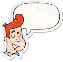 cartoon happy man with speech bubble distressed distressed old sticker png