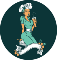 tattoo in traditional style of a pinup girl drinking a milkshake with banner png