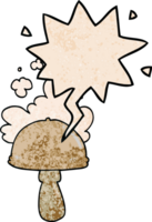 cartoon mushroom with spore cloud with speech bubble in retro texture style png