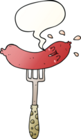 cartoon happy sausage on fork with speech bubble in smooth gradient style png