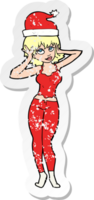 retro distressed sticker of a cartoon woman all ready for christmas png