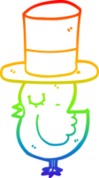 rainbow gradient line drawing of a cartoon bird wearing top hat png