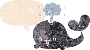 dessin animé baleine avec discours bulle dans grunge affligé rétro texturé style png