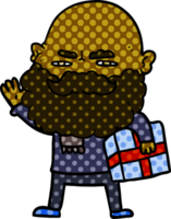 homem dos desenhos animados com barba franzindo a testa com presente de natal png