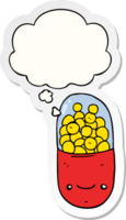 cartoon pill with thought bubble as a printed sticker png