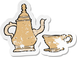 retro distressed sticker of a cartoon coffee pot and cup png