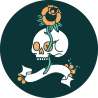 tattoo style icon with banner of a skull and rose png