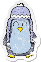 retro distressed sticker of a cartoon penguin wearing hat png