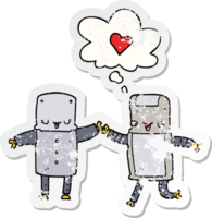 dibujos animados robots en amor con pensamiento burbuja como un afligido desgastado pegatina png