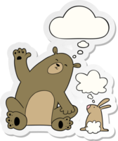 tekenfilm beer en konijn vrienden met gedachte bubbel net zo een gedrukt sticker png