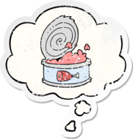 cartoon canned food with thought bubble as a distressed worn sticker png