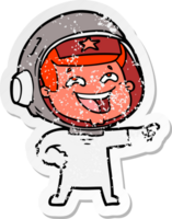 distressed sticker of a cartoon laughing astronaut png