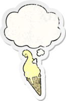 cartoon ice cream with thought bubble as a distressed worn sticker png