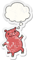 cartoon dancing pig with thought bubble as a distressed worn sticker png