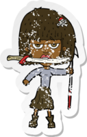 pegatina retro angustiada de una mujer caricaturista con cuchillo y arpón png