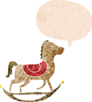 dessin animé balancement cheval avec discours bulle dans grunge affligé rétro texturé style png