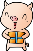 glückliches Cartoon-Schwein mit Weihnachtsgeschenk png