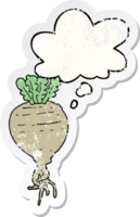 cartoon root vegetable with thought bubble as a distressed worn sticker png