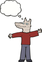 cartoon happy wolf man with thought bubble png