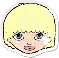 adesivo retrô angustiado de um rosto feminino de desenho animado png