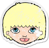 retro distressed sticker of a cartoon female face png