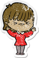 distressed sticker of a annoyed cartoon girl png