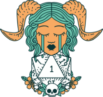 Retro Tattoo Style crying tiefling with natural one D20 dice roll png